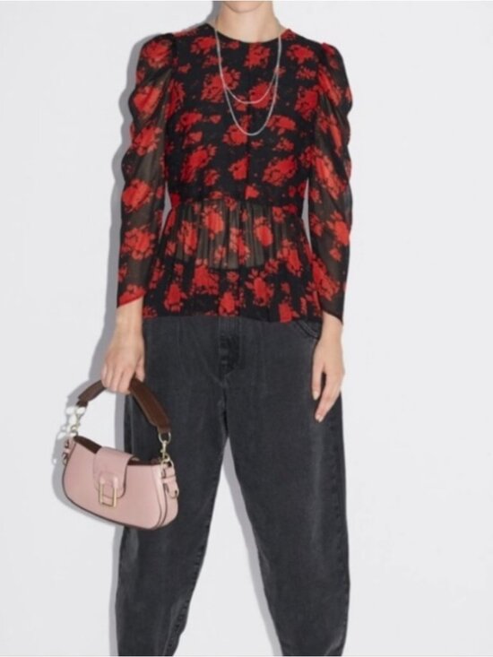 Zara Tops - Zara Rose Floral Semi-Sheer Chiffon Puff Sleeve Peplum Blouse